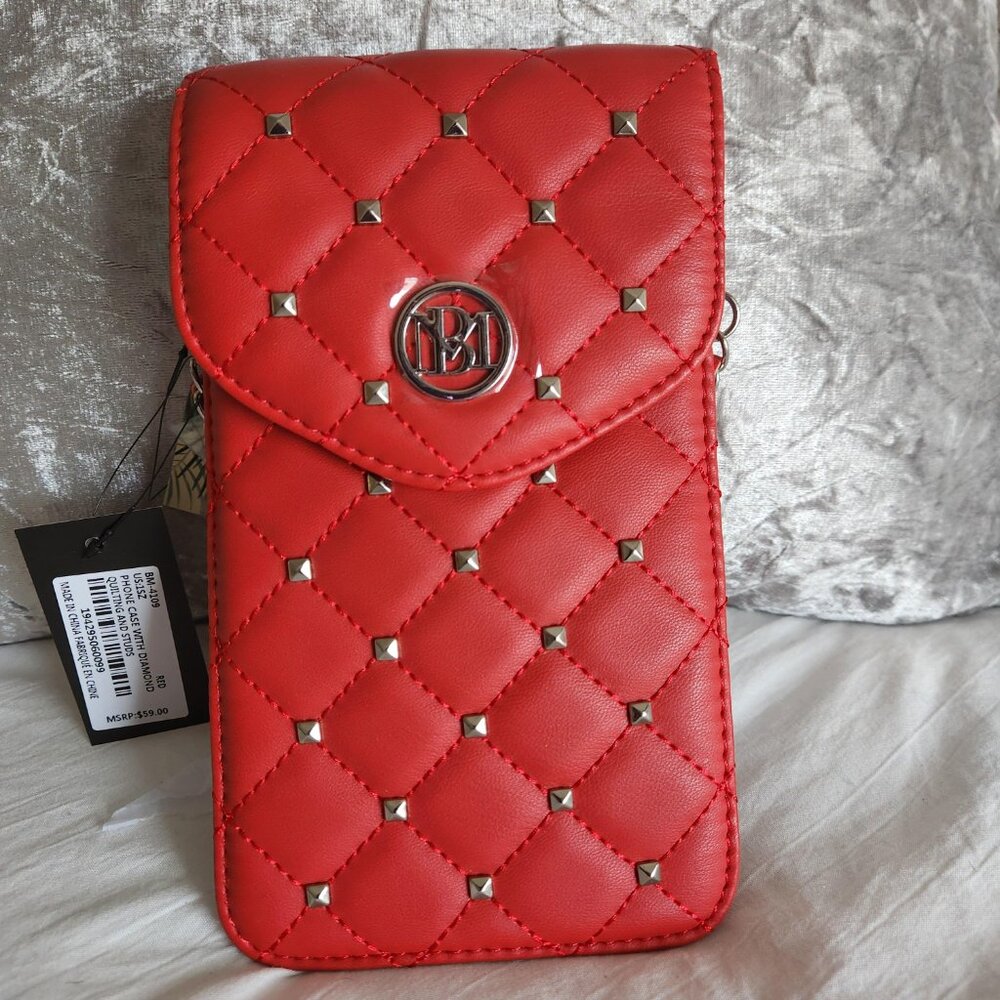 Badgley Mischka NWT Red Phone Case w/diamond quilting, strap, studs - Picture 1 of 6